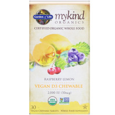 Витамин D3, 2000 МЕ, малиново-лимонный вкус, MyKind Organics, Garden of Life, 30 жевательных веганских таблеток