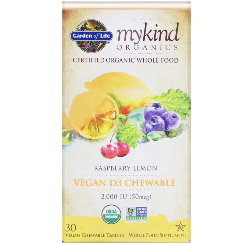 Витамин D3, 2000 МЕ, малиново-лимонный вкус, MyKind Organics, Garden of Life, 30 жевательных веганских таблеток