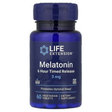 Мелатонін, 3 мг, Melatonin, 6 Hour Timed Release, Life Extension, 60 вегетаріанських таблеток