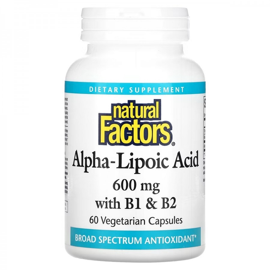 Альфа-ліпоєва кислота з вітамінами B1 та B2, 600 мг, Alpha-Lipoic Acid with B1 & B2, Natural Factors, 60 вегетаріанських капсул