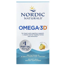 Омега-3 та вітамін D3, 690 мг та 25 мкг (1000 МО), смак лимона, Omega-3D, Nordic Naturals, 60 гелевих капсул
