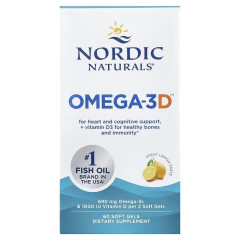 Омега-3 та вітамін D3, 690 мг та 25 мкг (1000 МО), смак лимона, Omega-3D, Nordic Naturals, 60 гелевих капсул