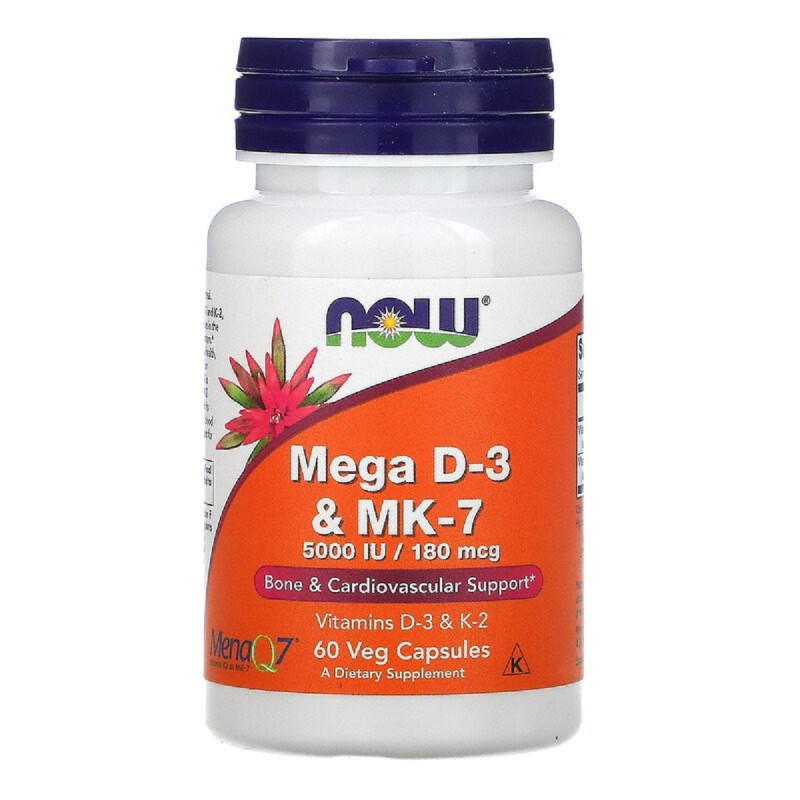 Витамины D-3 и MK-7, 5000 МО / 180 мкг, Now Foods, 60 капсул