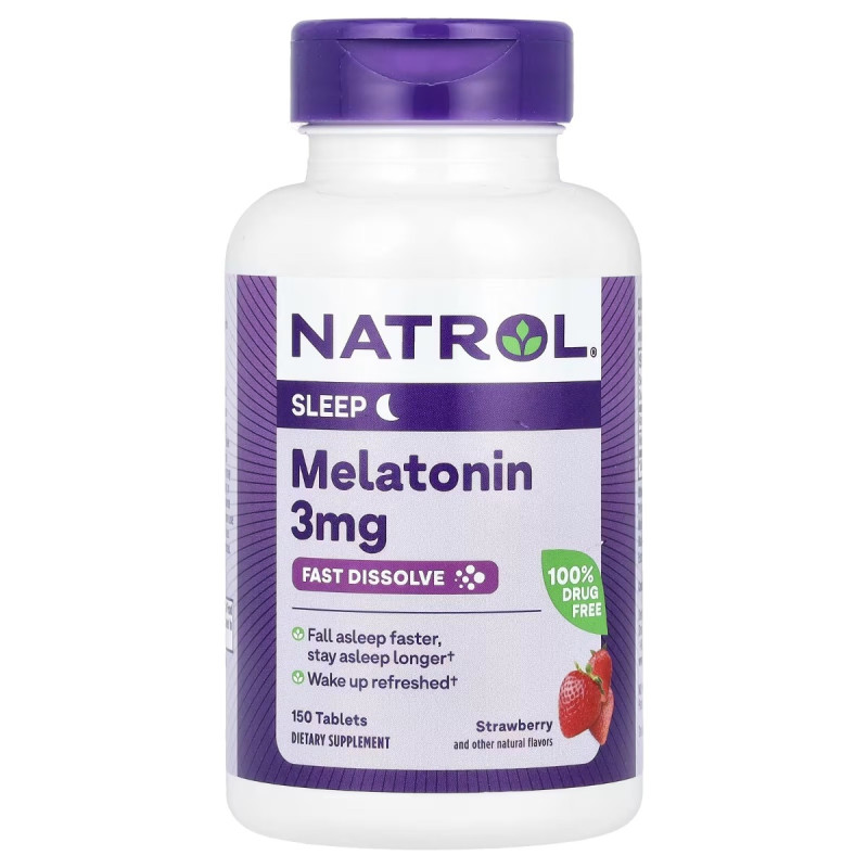Мелатонин быстрорастворимый, 3 мг, вкус клубники, Melatonin, Fast Dissolve, Natrol, 150 таблеток