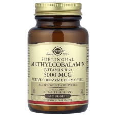 Вітамін B12, Метилкобаламін, 5000 мкг, смак вишні, Sublingual Methylcobalamin, Vitamin B12, Solgar, 60 нагетсів