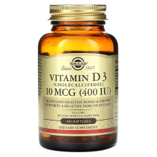 Витамин D3, 10 мкг (400 МО), Vitamin D3 (Холекальциферол), Solgar, 240 гелевых капсул