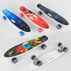 Скейт, Пенни борд "Best Board" МИКС ВИДОВ, (дека с ручкой, подшипники ABEC-7, колеса светящиеся PU d=6см)