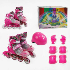 Ролики 9637-76 L размер 39-43 (6) цвет РОЗОВЫЙ, колеса PU, d колес – 6 см, стелька 24 см, подсветка колес, шлем, защита, в коробке