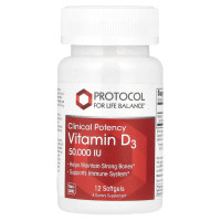 Витамин D3, Vitamin D3, Protocol for Life Balance, клиническая сила, 50 000 МЕ, 12 гелевых капсул