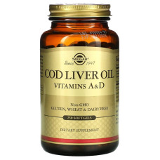 Витамин А и D из масла печени трески, Cod Liver Oil, Vitamins A & D, Solgar, 250 гелевых капсул