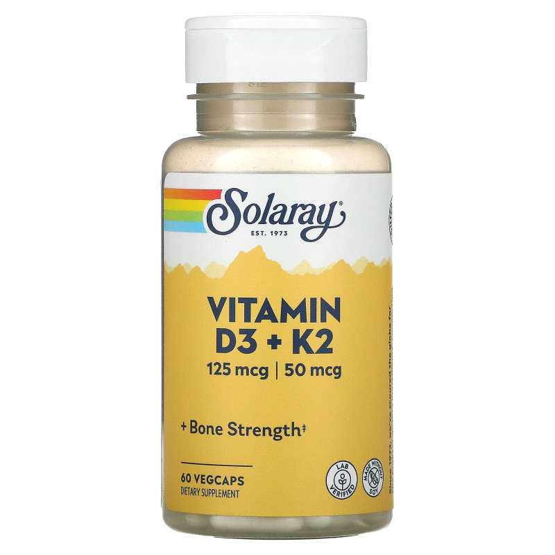 Витамин D3 и К2, Vitamin D-3 & K-2, Solaray, без сои, 60 растительных капсул