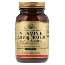 Витамин Е (d-альфа-токоферол), Vitamin E, Solgar, натуральный, 268 мг (400 МЕ), 100 гелевых капсул