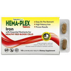 Залізо та поживні речовини для здоров'я еритроцитів, Iron with Essential Nutrients, Hema-Plex, NaturesPlus, 10 таблеток із уповільненим вивільненням