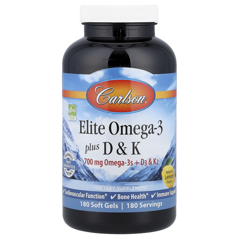 Омега 3 + вітамін D3 та вітамін К, Elite Omega-3 Plus D&K, Carlson, натуральний лимон, 180 гелевих капсул