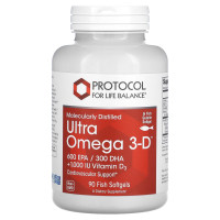 Омега-3 Ультра з вітаміном D3, Ultra Omega 3-D, Protocol for Life Balance, молекулярно-дистильована, 600 ЕПК/300 ДГК, з лимонною олією, 90 рибних гелевих капсул