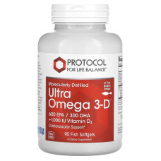 Омега-3 Ультра с витамином D3, Ultra Omega 3-D, Protocol for Life Balance, молекулярно-дистиллированная, 600 ЭПК/300 ДГК, с лимонным маслом, 90 рыбных гелевых капсул