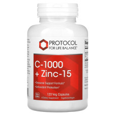 Витамин C + цинк, C-1000 + Zinc-15, Protocol for Life Balance, 1000 мг/15 мг, 120 веганских капсул