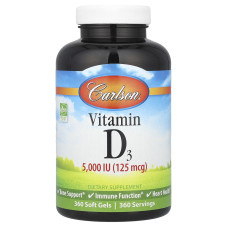 Вітамін D-3, Vitamin D3, Carlson, 125 мкг (5000 МО), 360 гелевих капсул