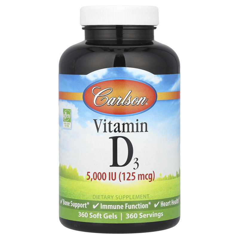 Вітамін D-3, Vitamin D3, Carlson, 125 мкг (5000 МО), 360 гелевих капсул