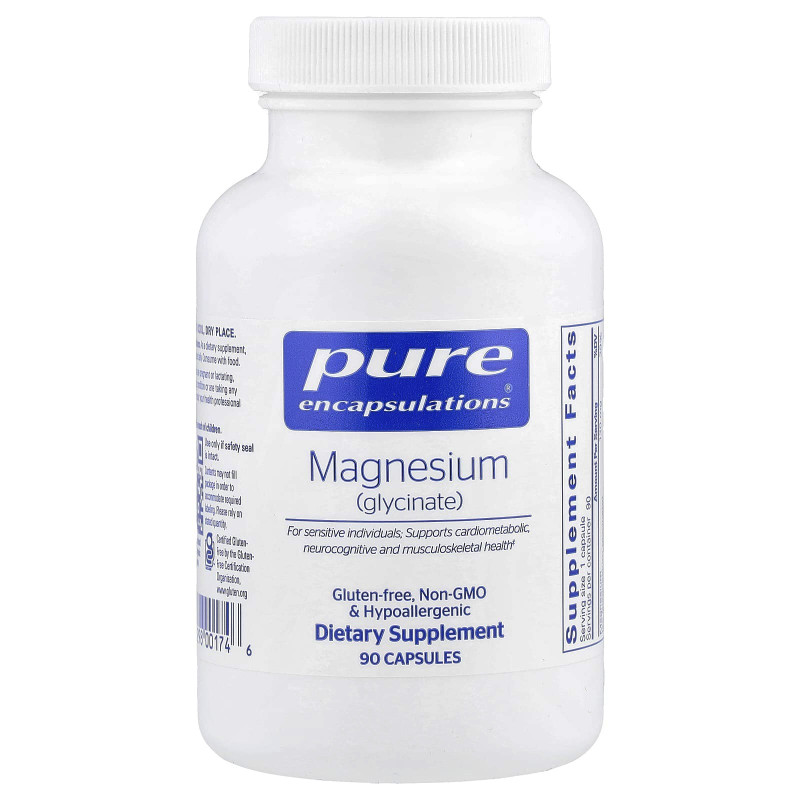 Магній гліцинат, Magnesium (glycinate), Pure Encapsulations, для зняття стресу, сну, здоров'я серця, нервів, м'язів та метаболізму, 120 мг, 90 капсул