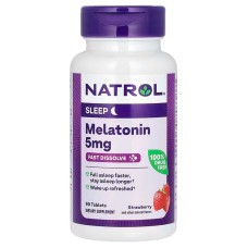 Мелатонин, Melatonin, Natrol, быстрорастворимый, вкус клубники, 5 мг, 90 таблеток