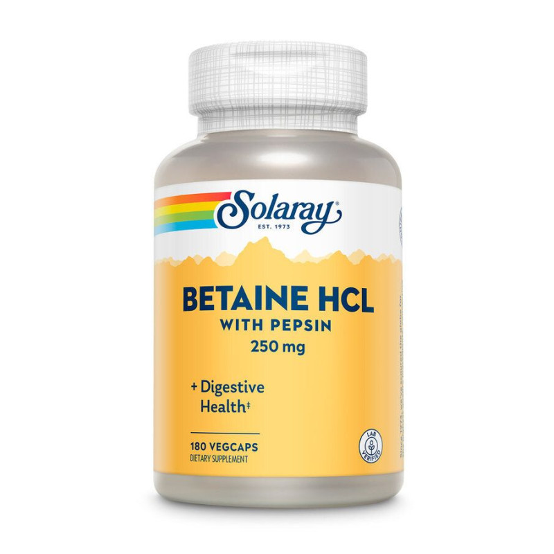 Бетаїн HCl + пепсин, HCL with Pepsin, Solaray, 250 мг, 180 капсул