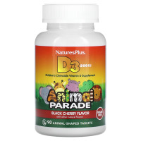 Витамин D-3, Vitamin D 3, Nature's Plus, Animal Parade, вкус черной вишни, без сахара, 12,5 мкг (500 МЕ), 90 жевательных таблеток в форме животных