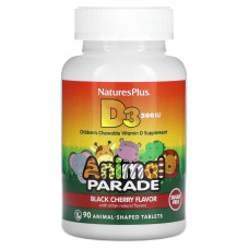 Вітамін D-3, Vitamin D 3, Nature's Plus, Animal Parade, смак чорної вишні, без цукру, 12,5 мкг (500 МО), 90 жувальних таблеток у формі тварин
