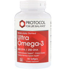 Омега-3, Ultra Omega-3, Protocol for Life Balance, молекулярно дистильована, 500 EPA / 250 DHA, 180 капсул