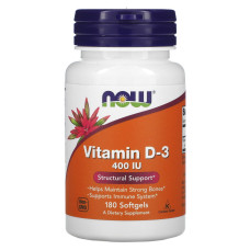 Вітамін D3, Vitamin D-3, Now Foods, структурна підтримка, 10 мкг (400 МО), 180 гелевих капсул
