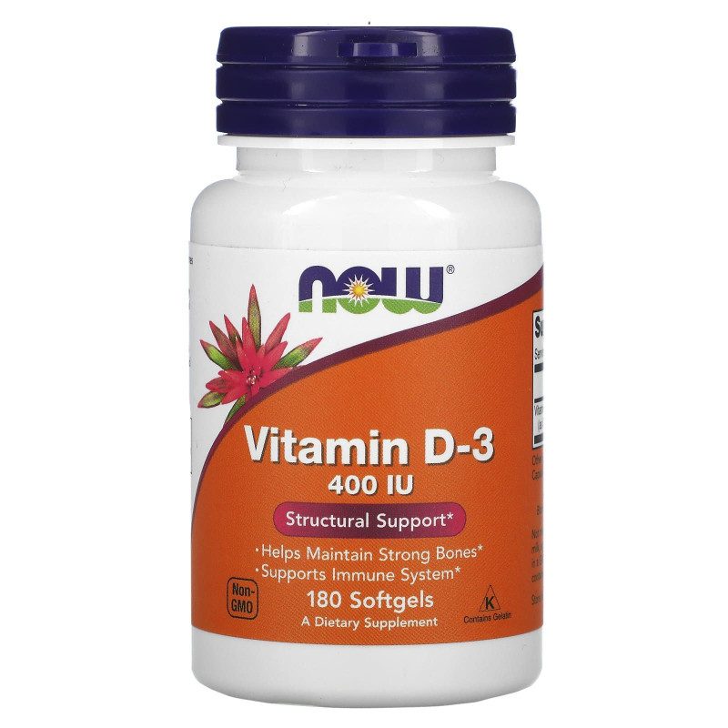 Витамин D3, Vitamin D-3, Now Foods, структурная поддержка, 10 мкг (400 МЕ), 180 гелевых капсул