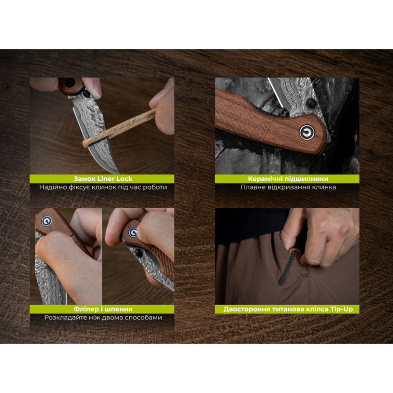 Ніж складаний кишеньковий Civivi Clingman (7.6 см) Damascus / Guibourtia Wood дерево
