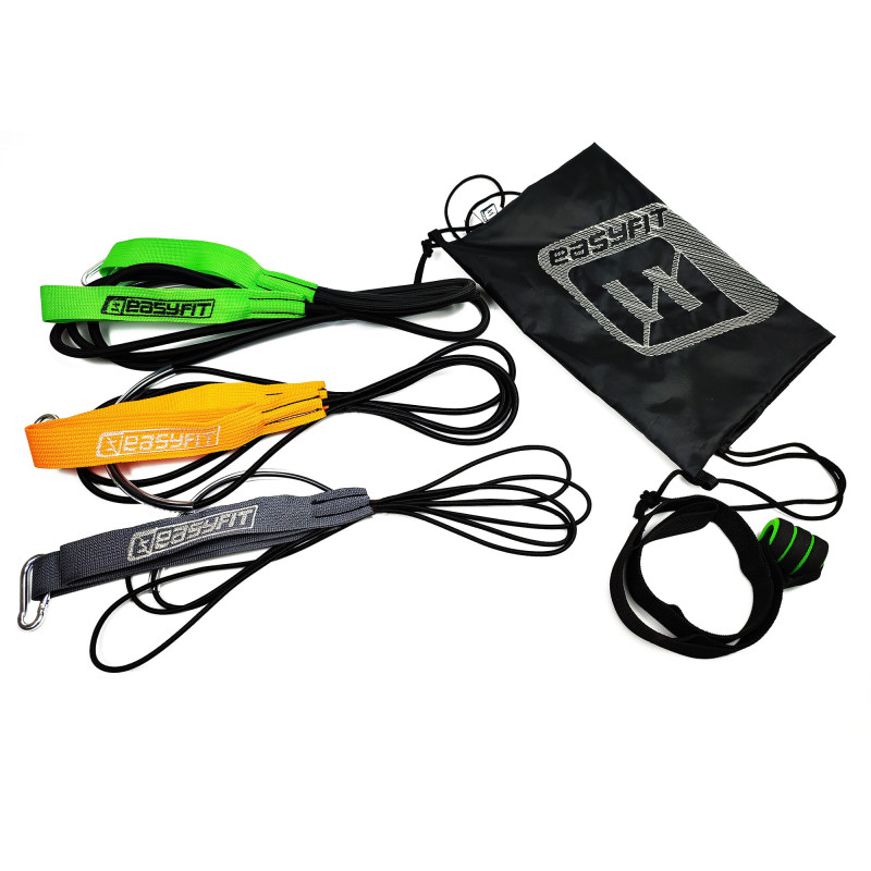 Резиновые петли-эспандер EasyFit, Набор 3 шт, Сопротивление 1-40 кг, Длина 300 см, Длина ручки 30 см, Длина дверного крепления 60 см, Толщина 4, 6, 8 мм, Для фитнеса, силовых тренировок, йоги и реабилитации, Салатовый, Оранжевый, Серый,