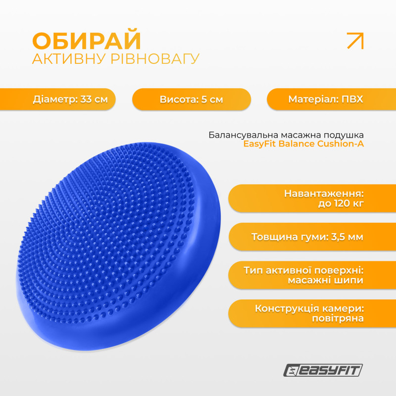 Балансировочная массажная подушка EasyFit, Диаметр 33 см, Максимальная нагрузка 120 кг, Резина, Синий