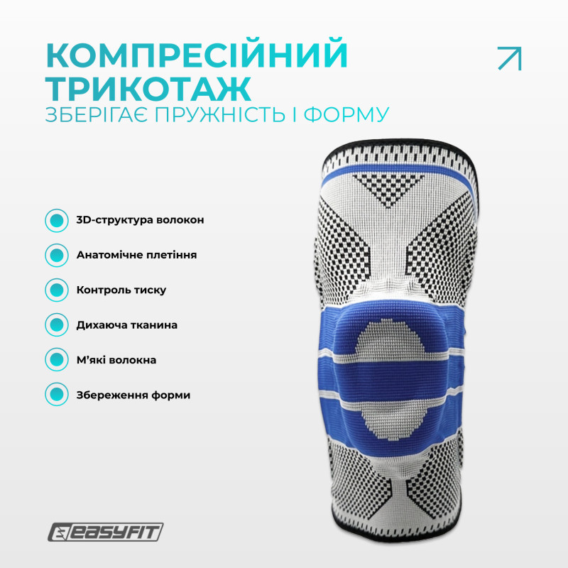 Бандаж (фіксатор) колінного суглоба з ребрами жорсткості та силіконовою вставкою, Розмір S, Довжина 29 см, Нейлон, Спандекс, Латекс, Сірий