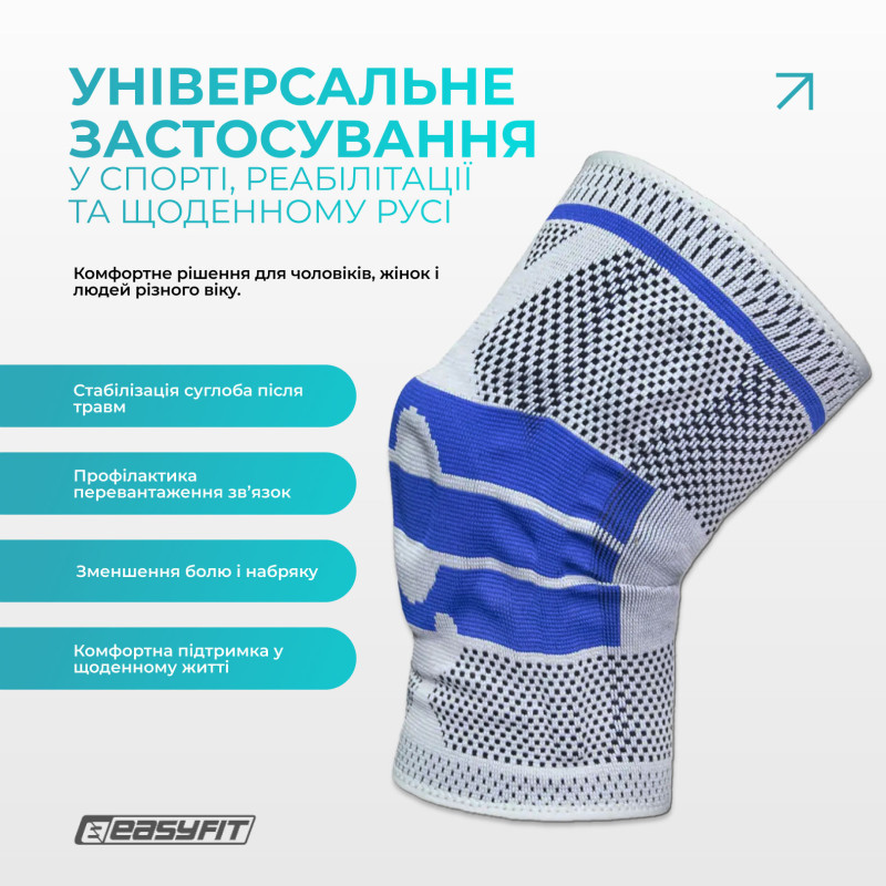 Бандаж (фіксатор) колінного суглоба з ребрами жорсткості та силіконовою вставкою, Розмір S, Довжина 29 см, Нейлон, Спандекс, Латекс, Сірий