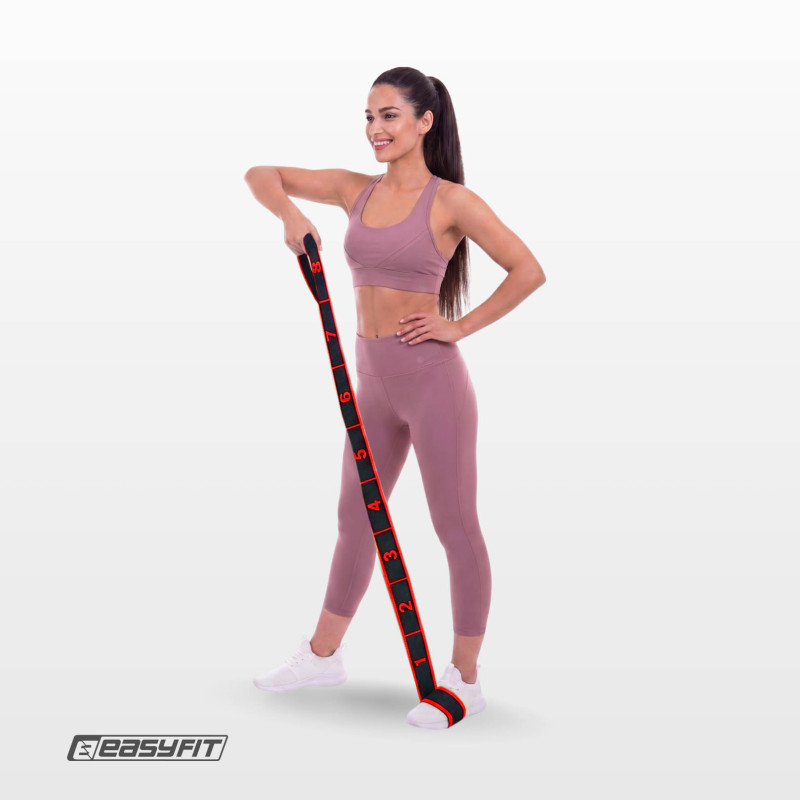 Резинка тканевая EasyFit с петлями для растяжки и тренировок, Уровень нагрузки: Hard, Длина 90 см, Ширина 5 см, Полиэстер, Эластан, Черно-красный