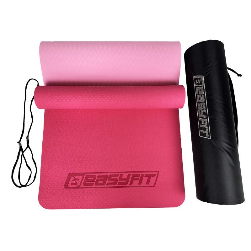 Двошаровий килимок EasyFit для пілатесу, фітнесу та йоги з чохлом, 183x61 см, товщина 6 мм, TPE/TC, ECO-Friendly, рожево-світло-рожевий