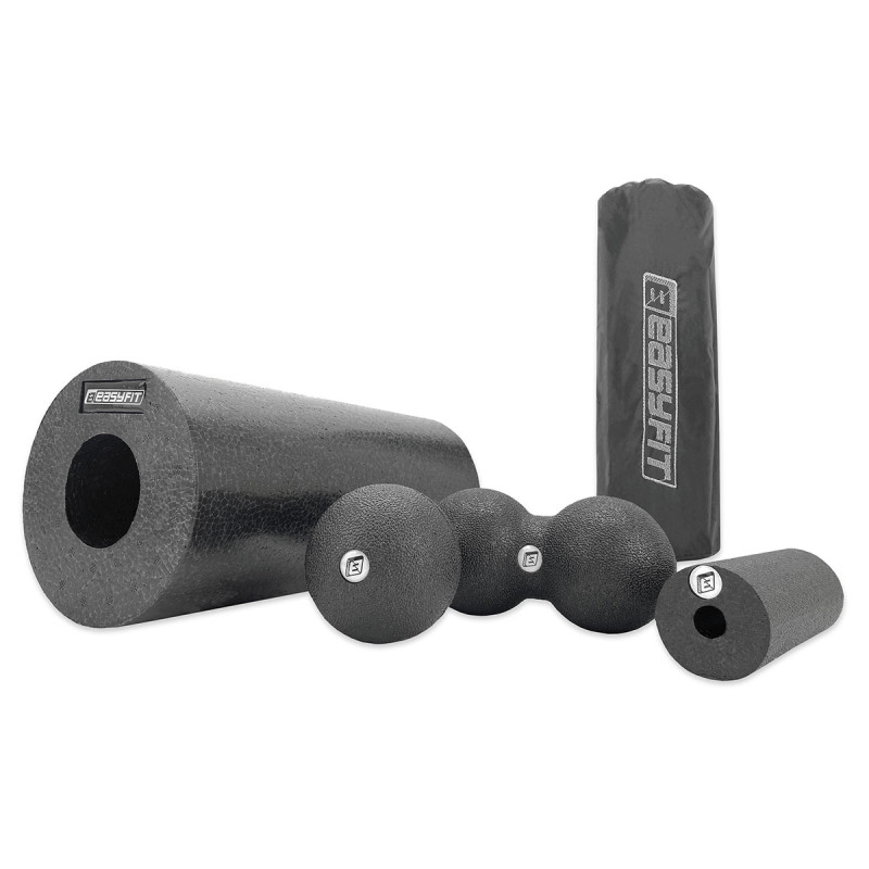 МФР набор для массажа EasyFit MioSet-3: массажный роллер (валик 33х14 см), массажный роллер (валик 15х5 см), двойной массажный мяч (16х8 см) и массажный мяч (8 см) для фитнеса, реабилитации и расслабления мышц