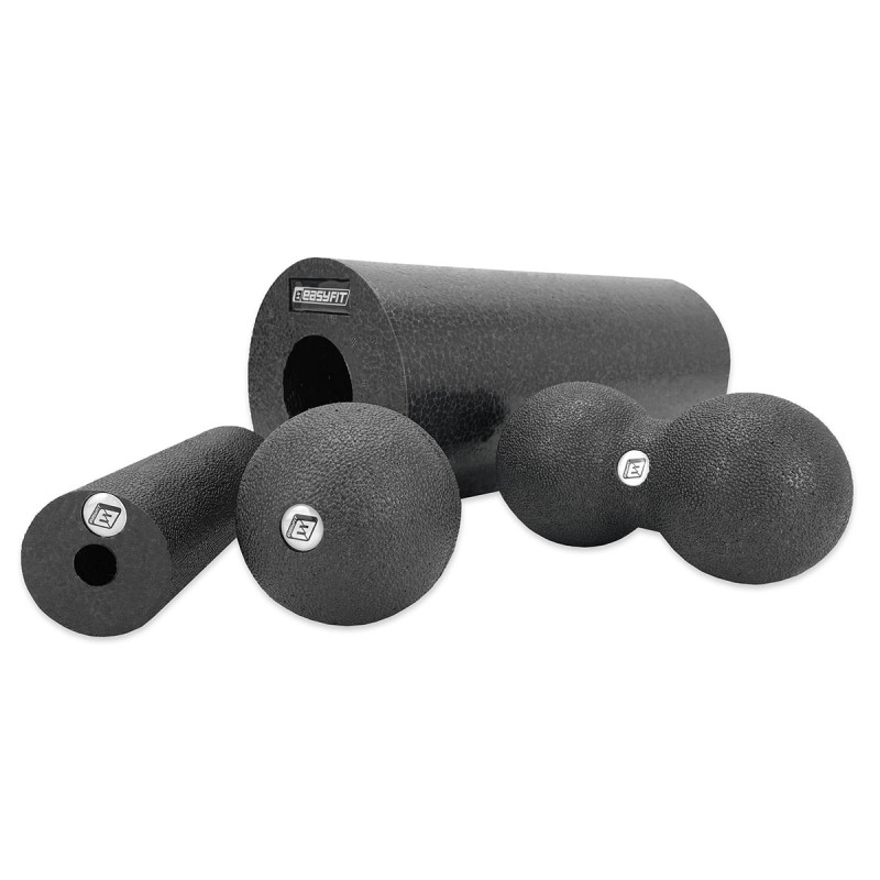 МФР набор для массажа EasyFit MioSet-3: массажный роллер (валик 33х14 см), массажный роллер (валик 15х5 см), двойной массажный мяч (16х8 см) и массажный мяч (8 см) для фитнеса, реабилитации и расслабления мышц