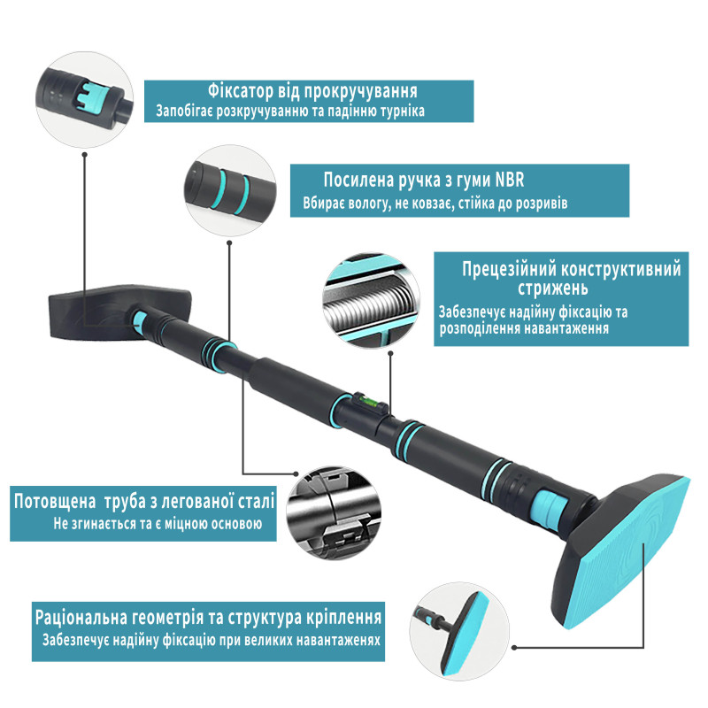 Розсувний розпірний турнік EasyFit BlueGymBar, Довжина 70-95 см (регульована), Діаметр 40 мм, Гума NBR, Сталь, Пластик, Чорно-блакитний