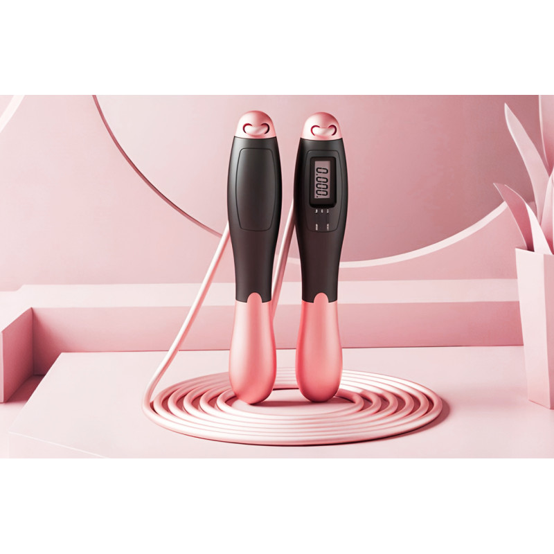 Швидкісна скакалка з лічильником EasyFit, Довжина 2,8 м, ручки 18 см, Сталь, Пластик, Вага 130 г, Чорно-рожевий