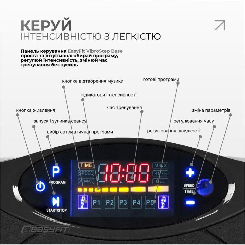 Віброплатформа EasyFit VibroStep Base (еспандери в комплекті), 10 програм, Bluetooth, USB, чорний