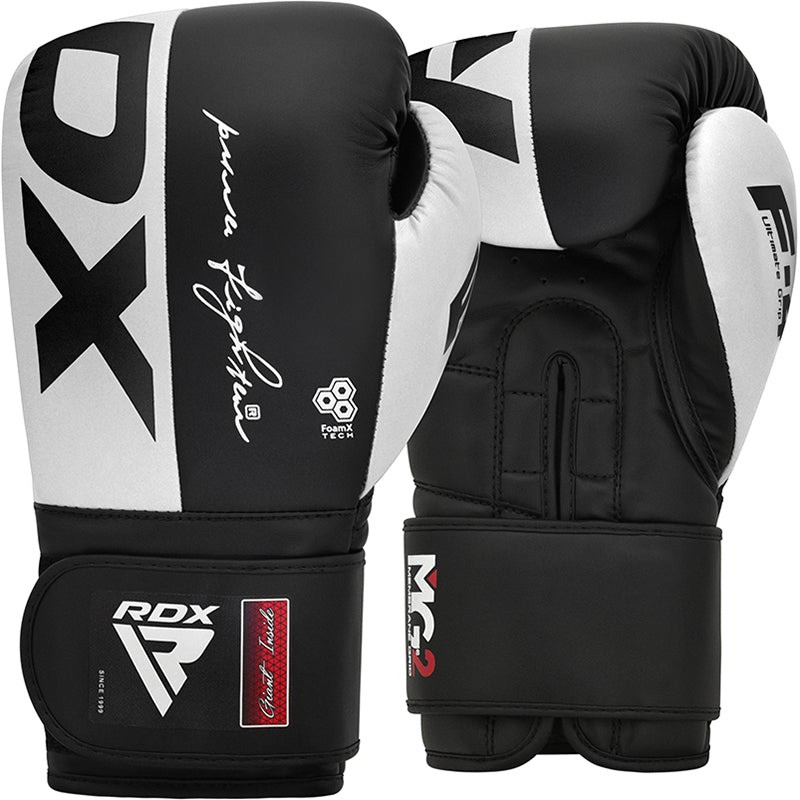 Боксерские перчатки RDX F4 Boxing Sparring Gloves Hook&Loop WHITE/BLACK (капа в комплекте), 12 унций, Искусственная кожа Kalix Skin Mayahide, Черно-белый