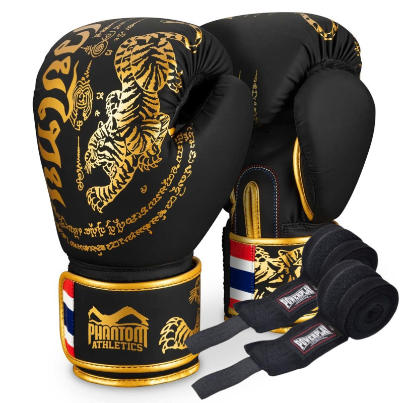 Боксерські рукавиці Phantom Muay Thai Black Gold 12 унцій (Бинти 4м. )