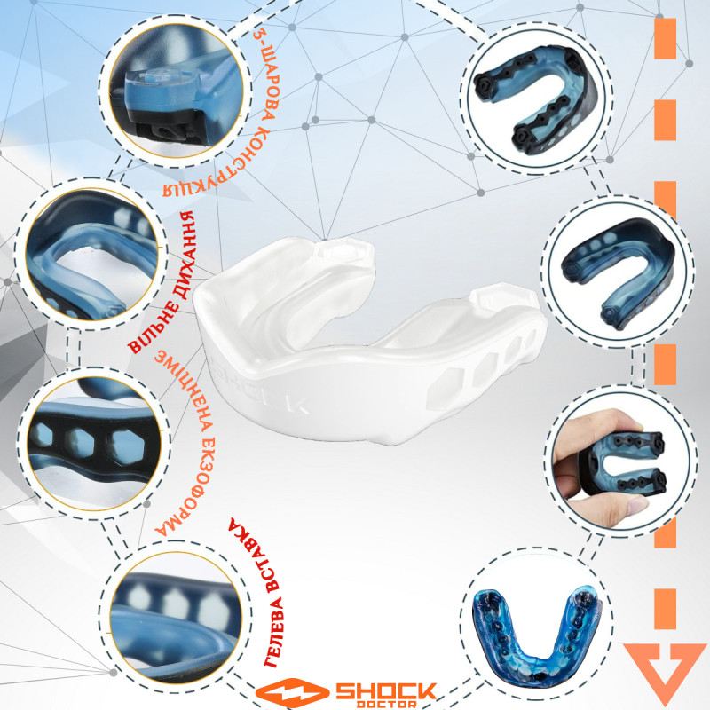 Капа Shock Doctor Gel Max, Взрослая (возраст 11+) White, Посадка: формируется под прикус, Термополимер, Прозрачный