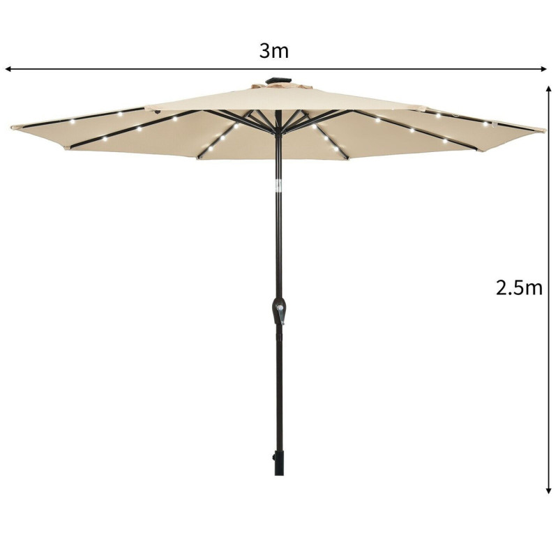 Зонт садовый 3 м с LED-подсветкой и солнечной панелью (бежевый)