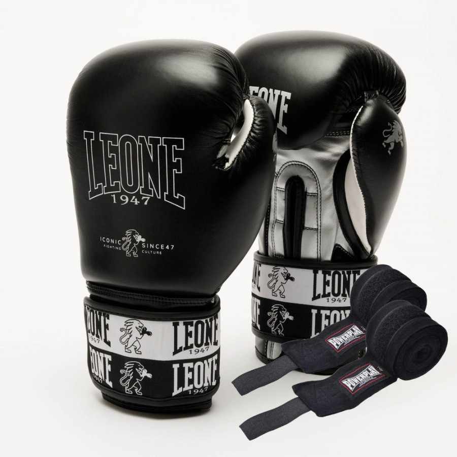 Боксерські рукавиці Leone GN208 ICONIC Black 14 унцій (бинти 4 м. в комплекті)