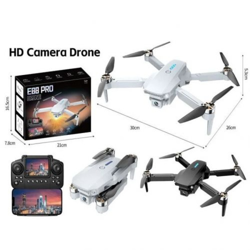 Квадрокоптер E88 PRO на радиоуправлении с HD камерой, видео в реальном времени (СЕРЫЙ)