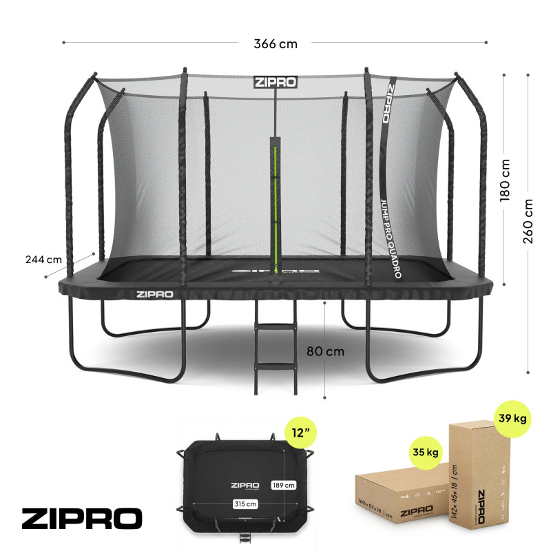 Батут Zipro Jump Pro Quadro з внутрішньою сіткою 8 х 12 футів 366 x 244 см чорний